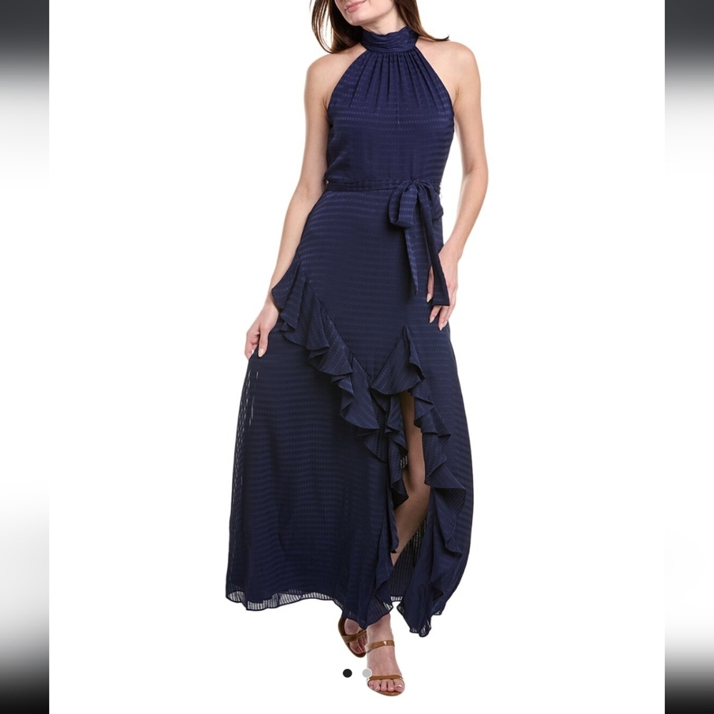 Anne Klein Satin Check Asymmetrical Ruffle Hem Maxi Dress – Blue
